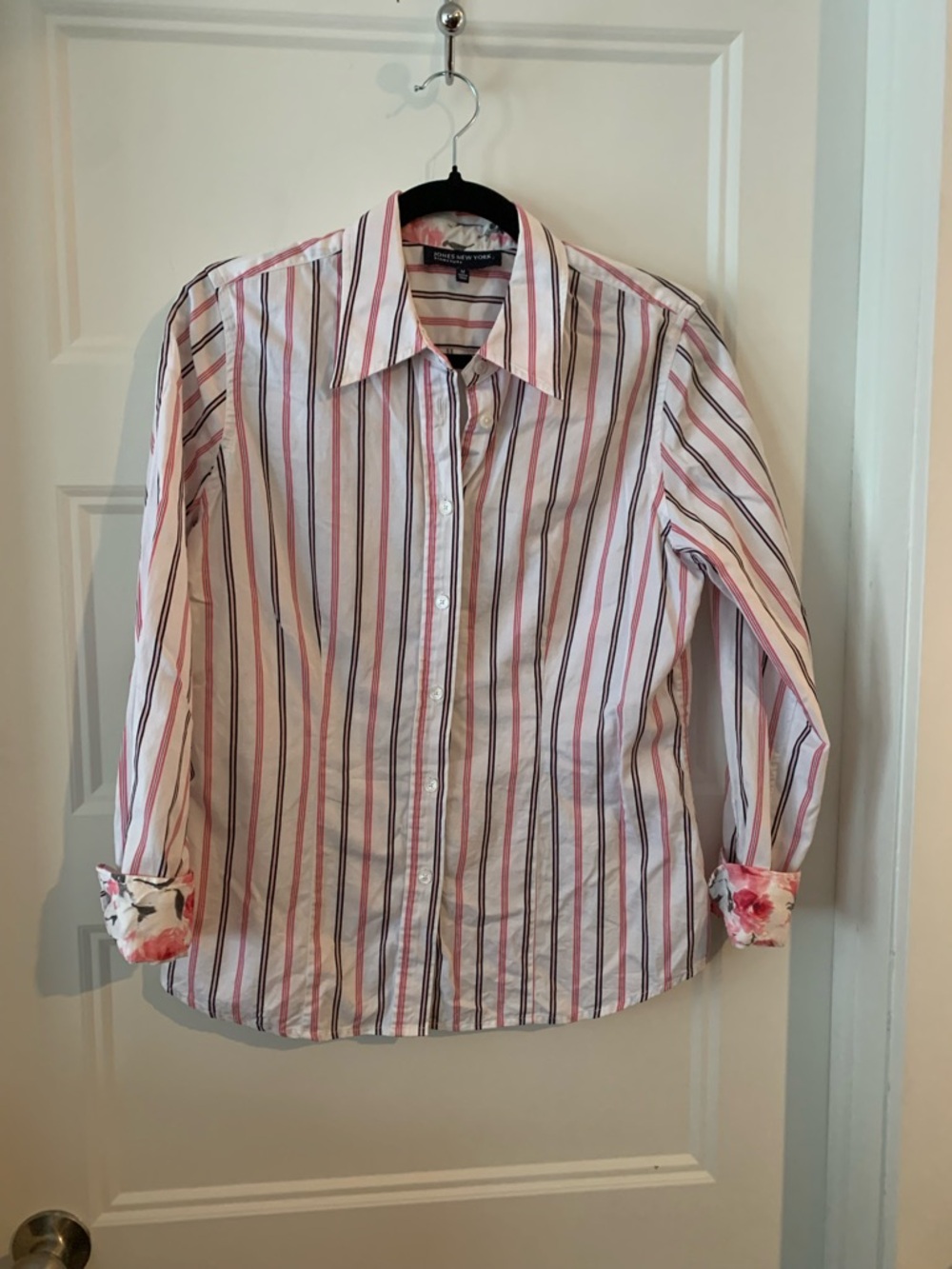 Jones New York Signature Women's Striped Button-Up Shirt in White, Pink & black